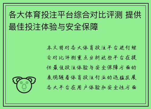 各大体育投注平台综合对比评测 提供最佳投注体验与安全保障 各大体育投注平台综合对比评测 提供最佳投注体验与安全保障