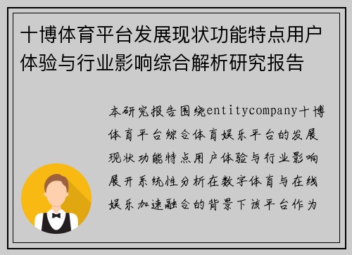 十博体育平台发展现状功能特点用户体验与行业影响综合解析研究报告