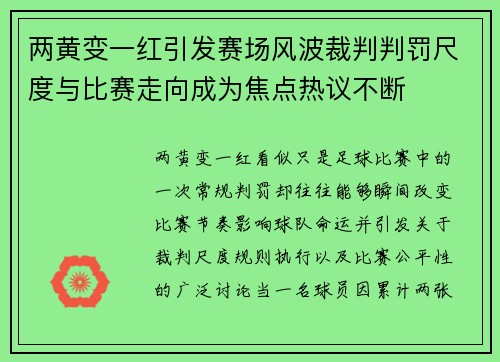 两黄变一红引发赛场风波裁判判罚尺度与比赛走向成为焦点热议不断
